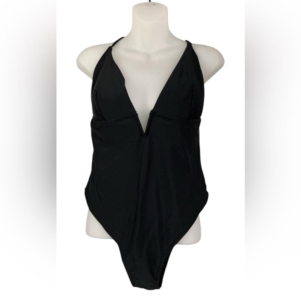 Black One Piece Bathing Suit Deep V Neck Crisscross Back